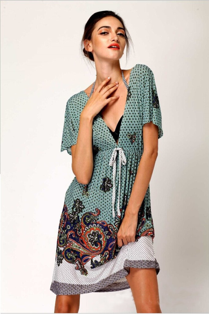 F4389Fashion Print V-Neck  Beachwear Dress For Women